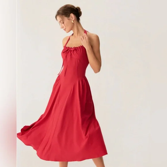 Rihoas Red Ruched Halter Midi Dress - Picture 2 of 8